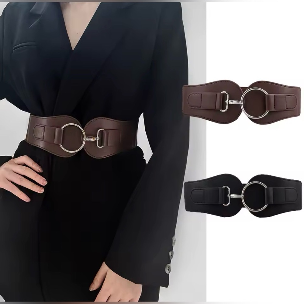 Black Elastic Adjustable Faux Leather Belt with Silver Buckle